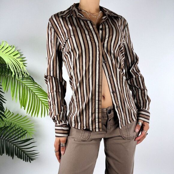 Vintage Y2K Brown Striped Dark Academia Fairy Grunge Button Up Shirt / 8 - Picture 5 of 6